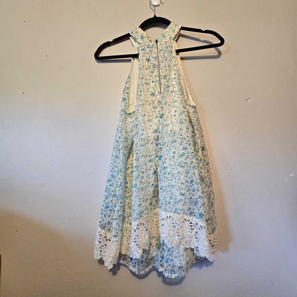 Judith March Floral Halter Romper Womens L Blue Cream Crochet‎ Lace Trim Boho - Picture 12 of 16